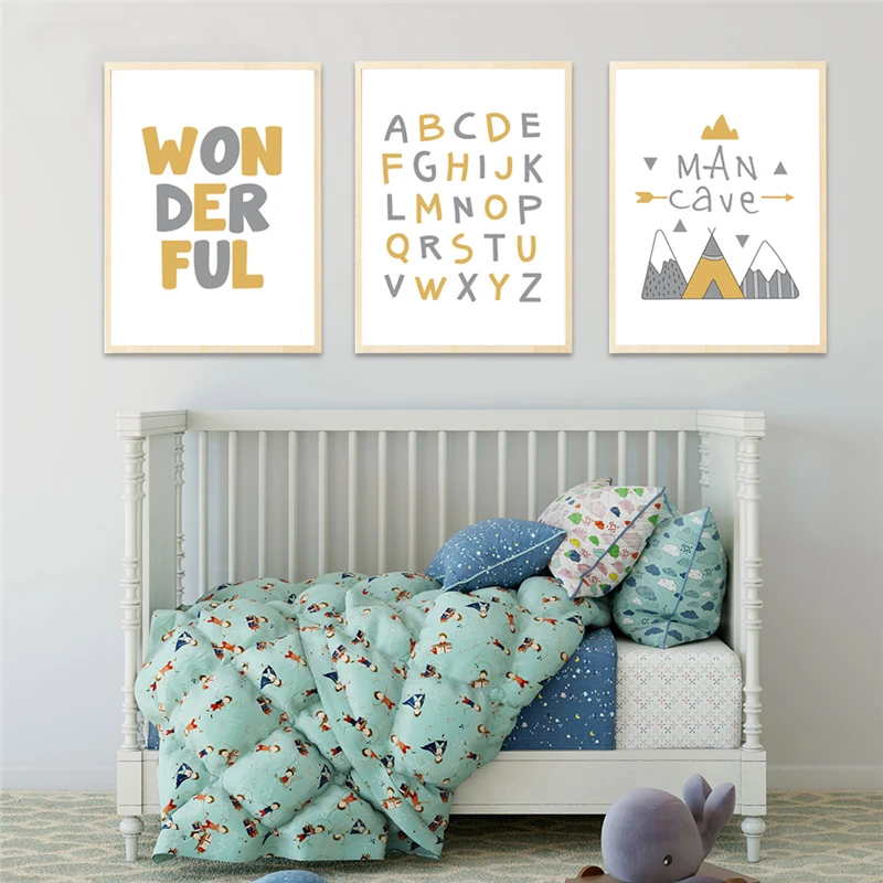 Скандинавский желтый серый мультфильм алфавит горный холст картина принт