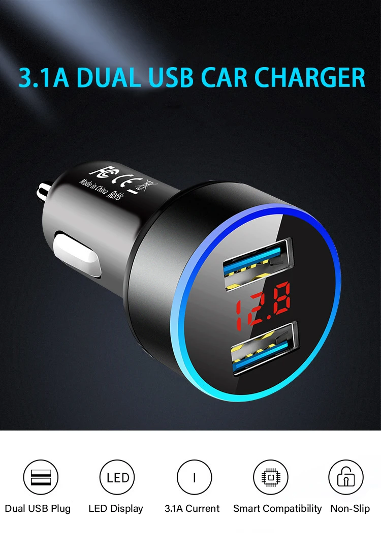 Переходник USB для зарядки в машине 3.1A с цифровой светодиодный Дисплей Универсальный двойной слот для Mini USB телефон автомобильное Зарядное устройство для смарт-телефон/планшет