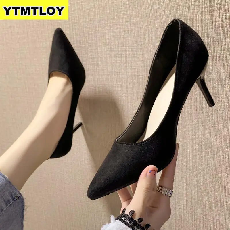 Женские туфли-лодочки; модная обувь; универсальная обувь на тонком высоком каблуке с острым носком; пикантные свадебные туфли из флока; Цвет зеленый, черный; Роскошные модельные женские туфли