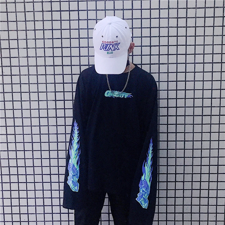 Green Sweatshirt Harajuku толстовки BF женские с принтом пламени длинный рукав Свободный Топ пуловер уличная мода гранж Ins Толстовка толстовки унисекс - Цвет: Green Sweatshirt