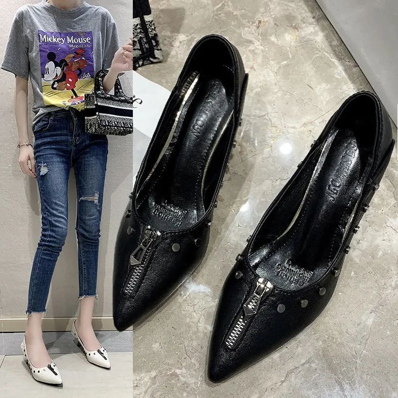 

2020 spring and autumn new retro rivet high heels women's fashion front zipper shallow mouth pointed single shoes X348