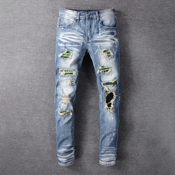 

Fashion Streetwear Men Jeans Blue Color White Wash Destroyed Ripped Jeans Patchwork Elastic Punk Pants Hip Hop Skinny Jeans Men