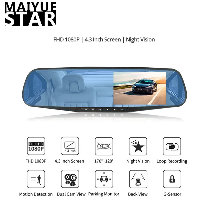 Maiyue star 1080 p full HD Автомобильная камера DVR Автомобильный отражатель 4 3 дюймов