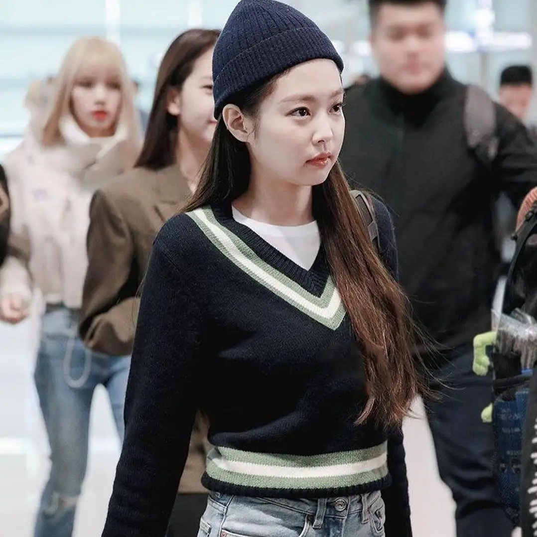Kpop Blackpink JENNIE same Модный пуловер, топы для женщин, тонкий свитер, женская уличная одежда, Короткие вязаные свитера с v-образным вырезом