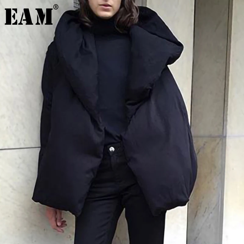 

[EAM] Loose Fit Black Loose Big Size Down Jacket New Hooded Long Sleeve Warm Women Parkas Fashion Tide Autumn Winter 2019 LE8700