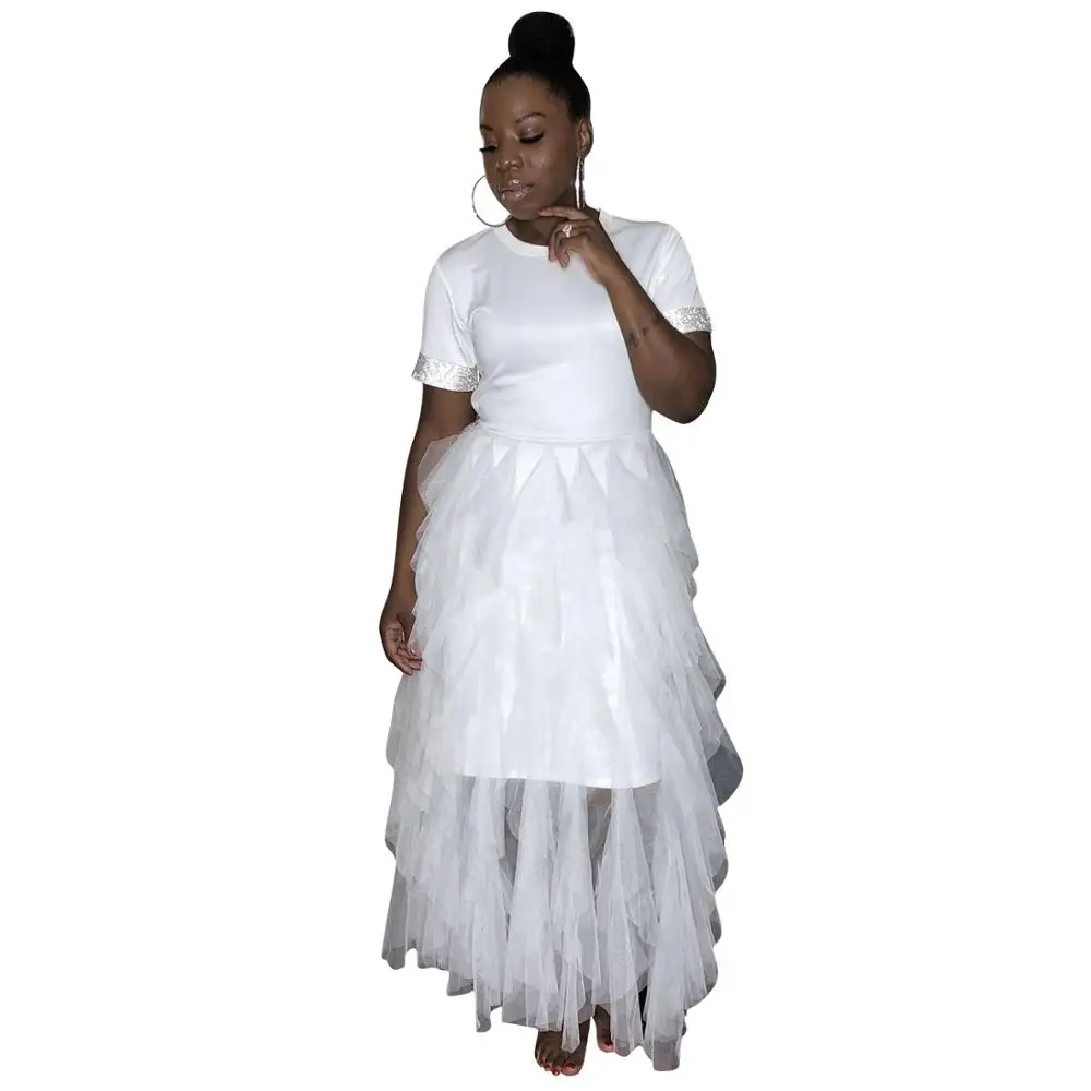 white dress Adogirl, однотонное Сетчатое лоскутное платье макси, футболка с круглым вырезом и коротким рукавом, Длинные праздничные платья, женская модная одежда, наряды - Цвет: white dress