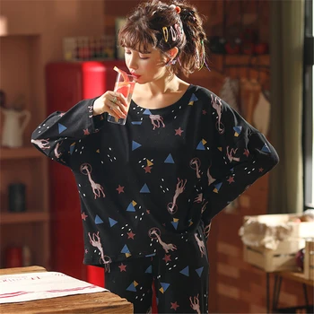 

JULY'S SONG 2 Pieces Pajamas Set Women Cotton Giraffe Geometry Printing Cute Long Sleeve Spring Autumn Simple Sleepwear