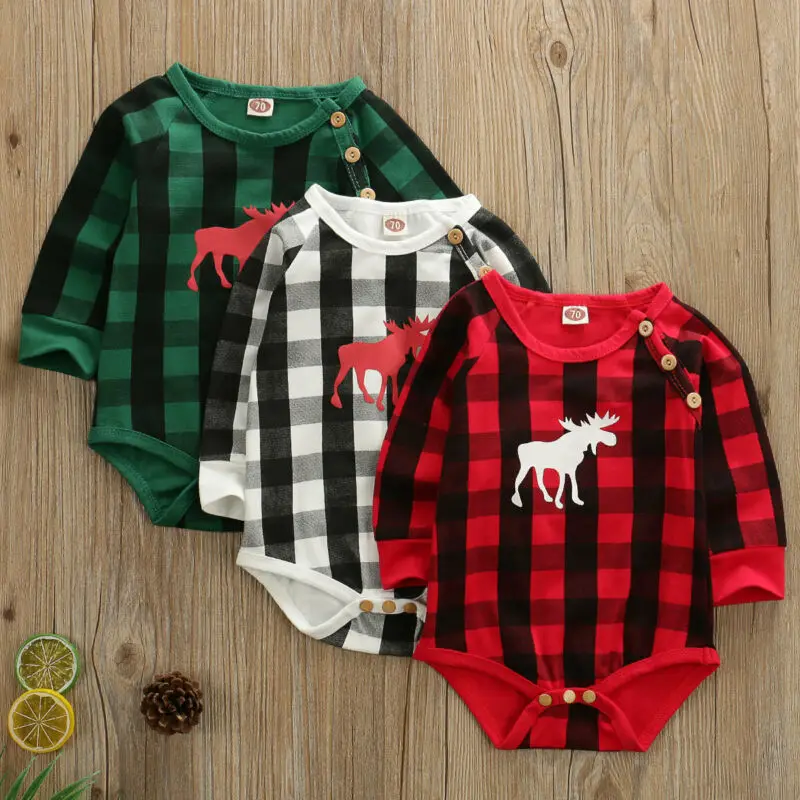 Рождественская Одежда для новорожденных мальчиков и девочек 0-18 месяцев, комбинезон с оленем, клетчатые костюмы