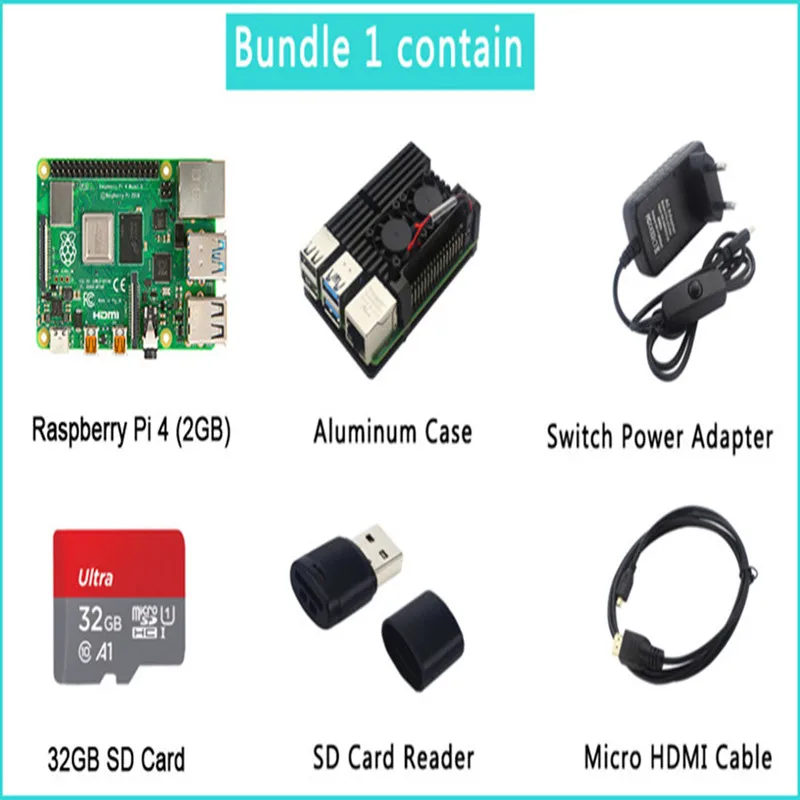 Raspberry Pi 4 комплекта Алюминий чехол+ 32/64 ГБ sd-карта+ переключатель Мощность адаптер кабель+ кабель Micro HDMI для RPI 4 - Color: Boundle 1