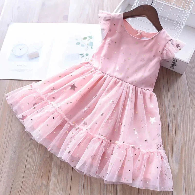 

Girls Dress 2019 Spring New Fashion Children's Clothing Girls Sweet Five-point Star Sequins Mesh Sleeveless Ruffle Dress