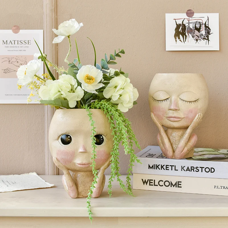 Flowerpot-Figure Container Decoration Sculpture Resin Arrangement Human-Face-Vase Doll