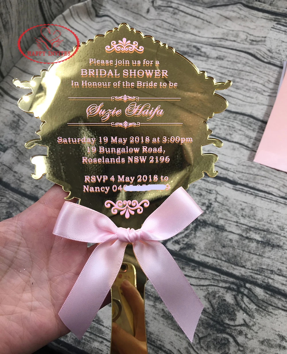 HI4053-13 Customized Golden Mirror Wedding Invitation Card with Pink Printing