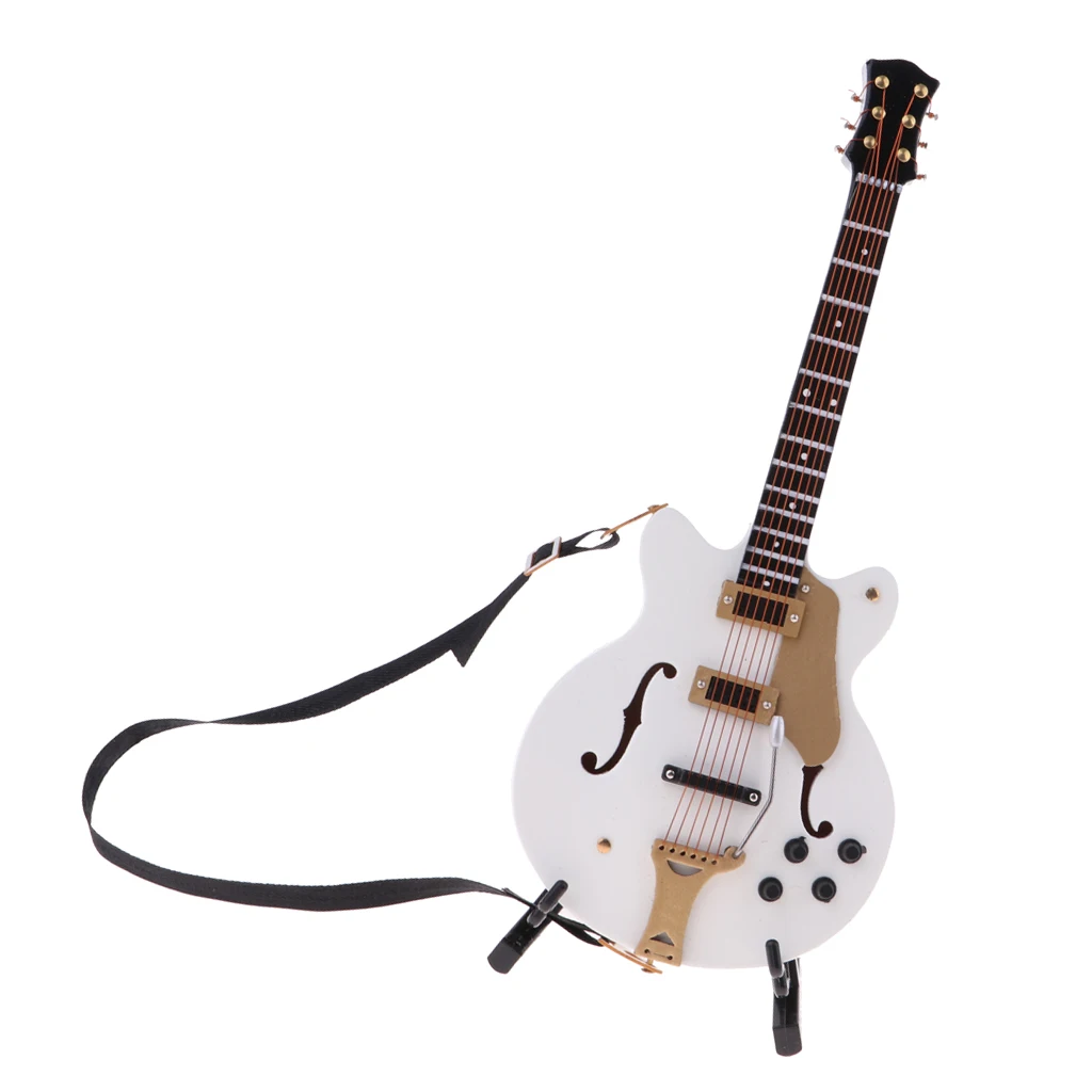 1:6 Mini Guitar with Stand and Case Miniature Dollhouse Decoration (White)
