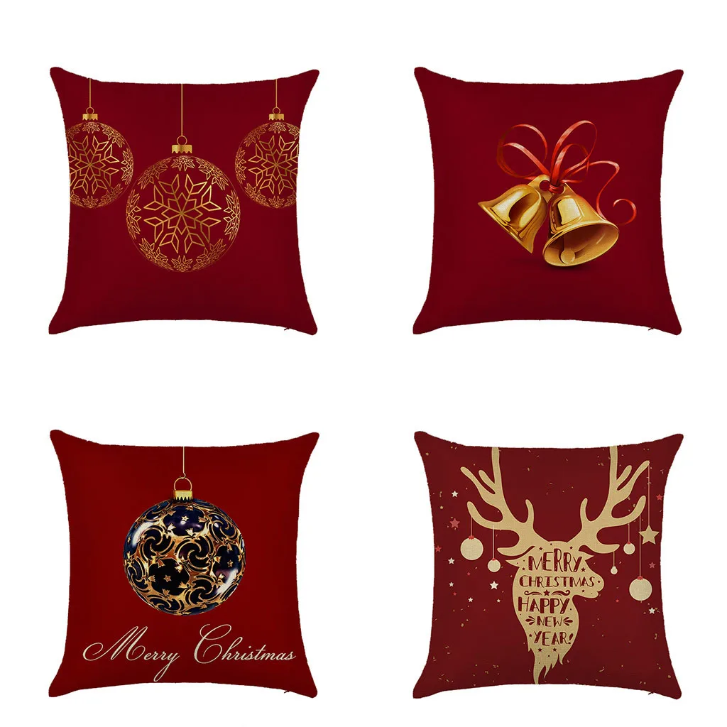 4PCS Red Pillow case 45*45 Christmas Snowflake Elk Printed Polyester Pillowcase Square Decorative Christmas New Year Pillowcase - Цвет: C1