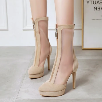 

Karinluna New Arrivals High Quality Platform Fetish High Heels Big Size 43 Sexy Front Zipper Women Shoes Woman Summer Mesh Boots