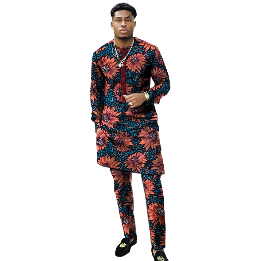 African print shirts+pant men's set clothing long sleeve top with trouser 2 pieces outfits man wedding wear customized
