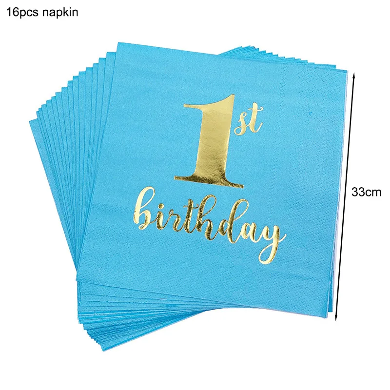 16pcs napkins 1-й первый день рождения принадлежности синий розовый одноразовая скатерть бумажные тарелки салфетки чашки набор один год День рождения украшения - Цвет: 16pcs napkins