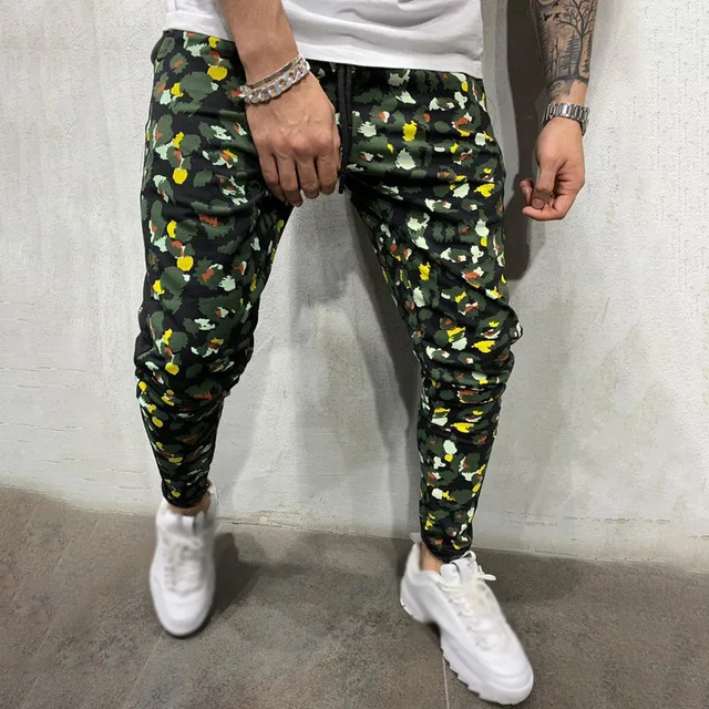 Green Camouflage Мужские брюки с леопардовым принтом, повседневные брюки для фитнеса, брюки-карандаш, спортивные камуфляжные мужские брюки - Цвет: Green Camouflage