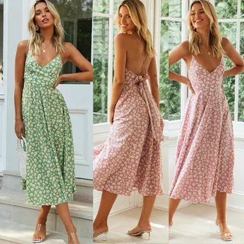 

2020 Summer Womens Floral Bohemian Long Maxi Dress Sleeveless V Neck Casual Pleated Dress Holiday Beach Dresses Sundress