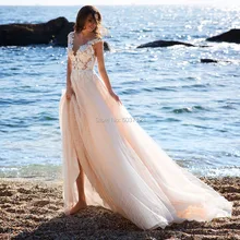Пляжные тюлевые Свадебные платья с v-образным вырезом и аппликацией кружевные рукава Свадебные платья, платья невесты на заказ Vestido De Noiva