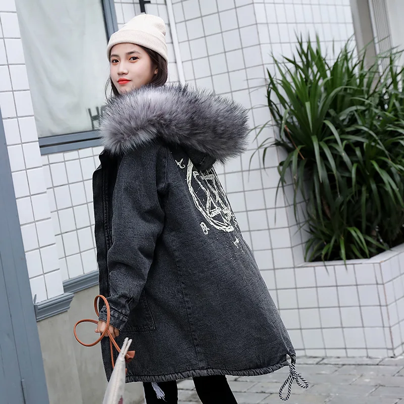 

Warm Cotton Coat Women's Mid-length 2019 Winter New Style Large Size Loose-Fit Fur Collar Lambs Wool plus Velvet Jeans Coat Fash