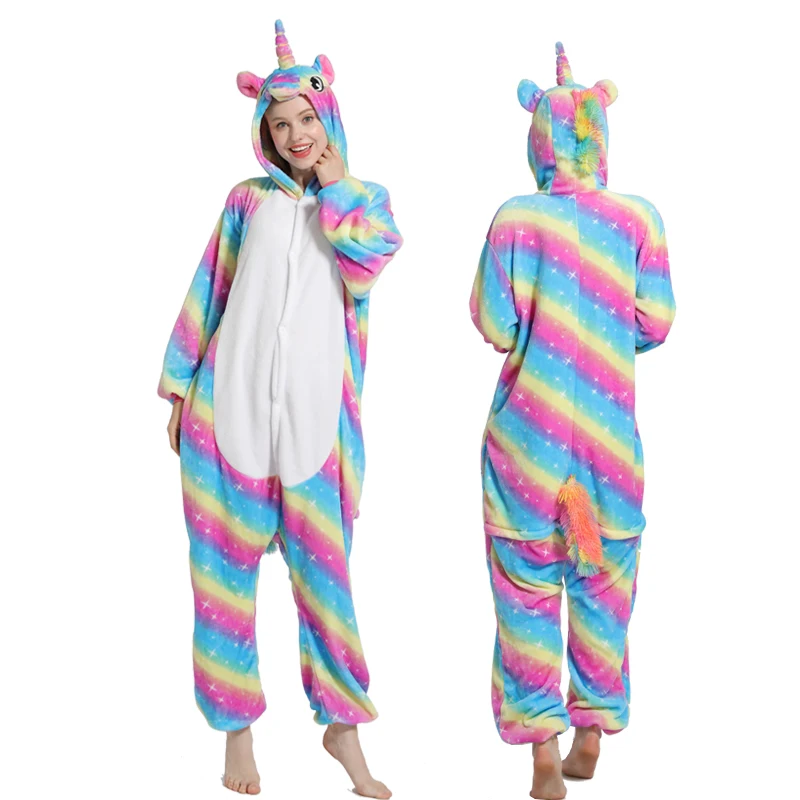 Kigurumi Adult Pajamas Unicorn Winter Women Pajamas Set Animal Panda Stitch Onesie Pyjama Unisex Flannel Sleepwear Jumpsuit - Цвет: Colorful star-white