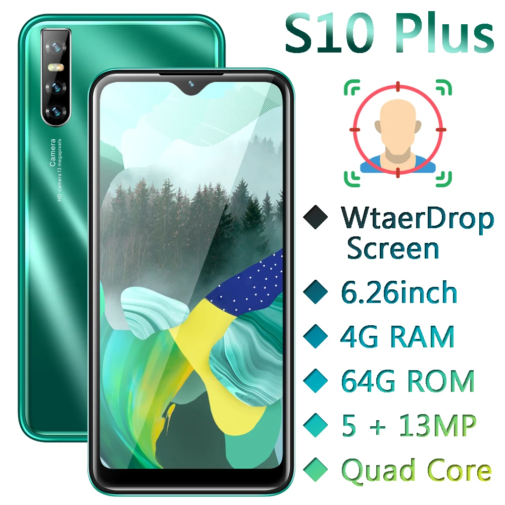 Оригинальные телефоны S10 Plus с функцией распознавания лица и Каплевидным экраном 6