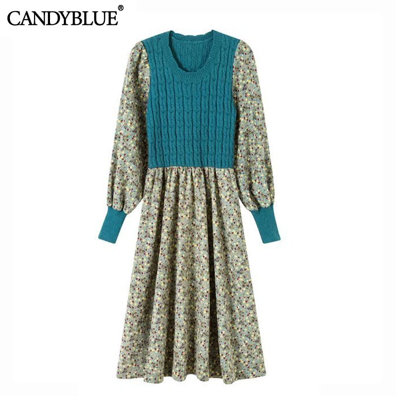 

Вельветовое Цветочное платье, новинка весны 2022, стильное корейское модное вязаное платье до середины икры с имитацией двух частей и рукавами-фонариками