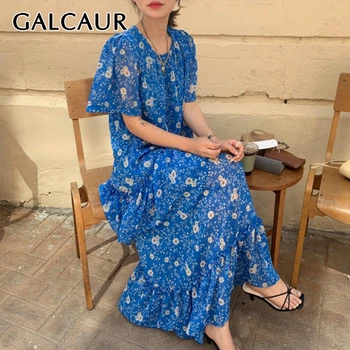 

GALCAUR Print Hit Color Summer Dress Women O Neck Short Sleeve High Waist Chic Style Maxi Dresses Female 2020 Fashion Clothes