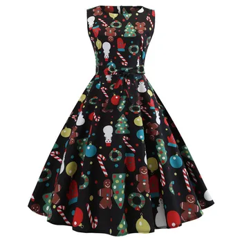 

Plus Size Christmas Dress Women Sleeveless Print Party Dress Elegant Vintage Swing Summer Dresses Vestidos Plus Size