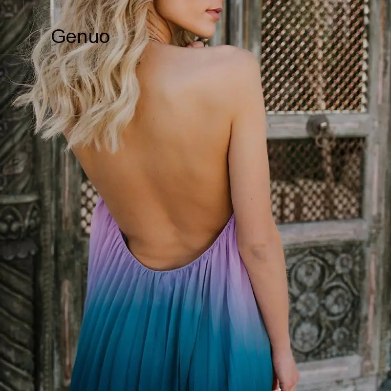 Sexy Dress Tie Dye Dress Vestido De Festa Longo 2020 Women's Sexy Fashion Halter Beach Dress Hanging Neck Chiffon Dress Robe