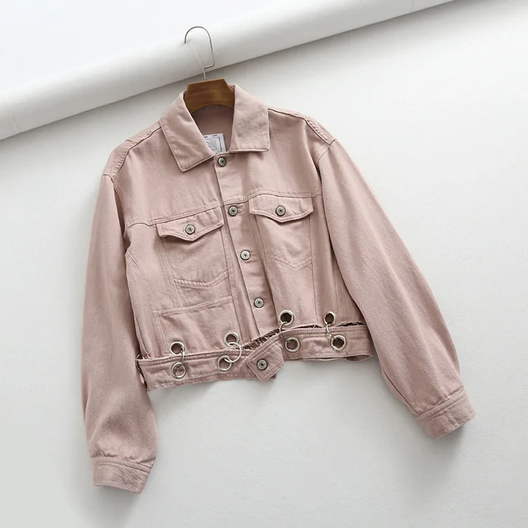 

502ba Autumn Clothing Loose Retro Chi Retro with Holes Metallic Circular Ring Short Jeans Coat Jacket Fashion