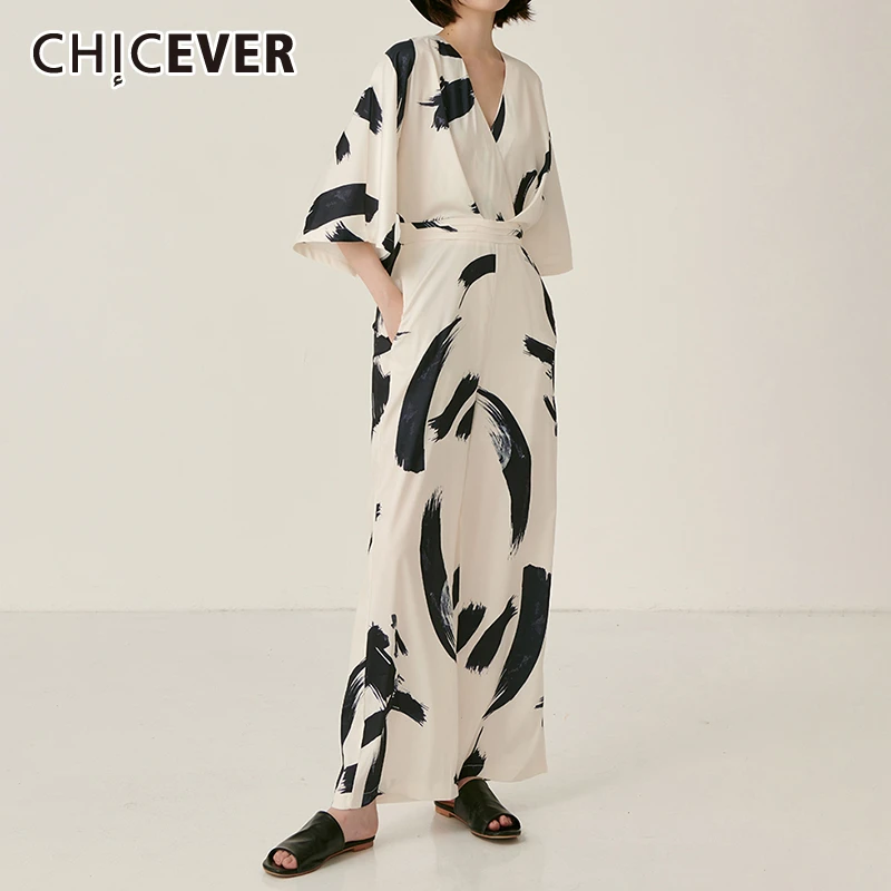CHICEVER корейский принт Летний комбинезон полной длины для женщин v образный вырез