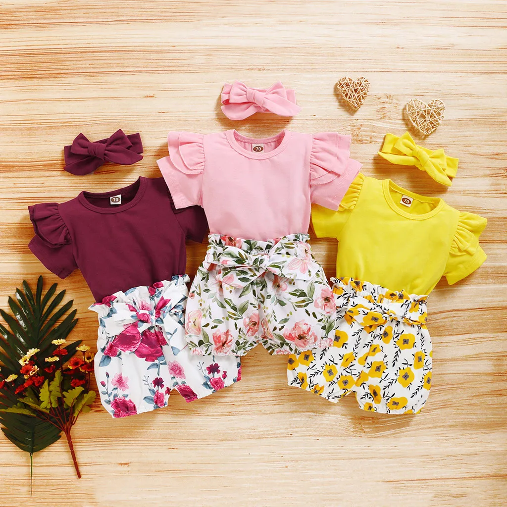 

baby girl clothes set baby girl summer clothes Fashion bebes 3pcs outfit carters Tops+Floral Shorts+Headband ropa niño bébé Z4