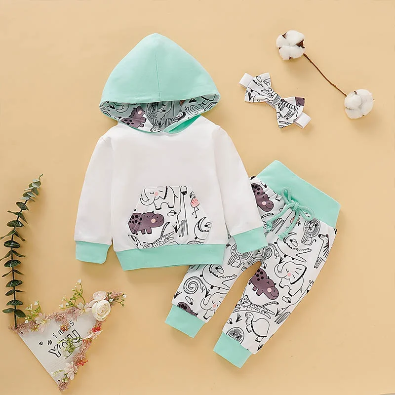 Newborn Baby Girl Sets Autumn Soft Cute Animal Print Hooded Top Pant Headband Three Pieces Sets