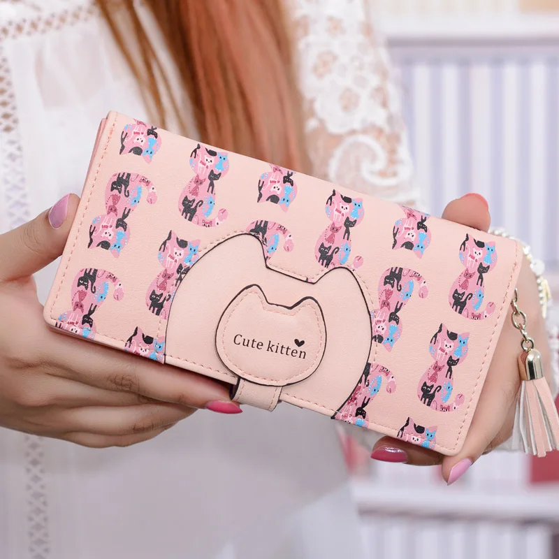 

Korean cartoon cat long wallet trendy small fresh two-fold zipper buckle ladies wallet pu purse women womens wallets and purses