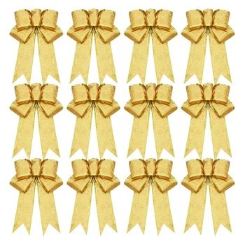 

12 Pcs Glitter Christmas Tree Bow Ribbon Bows, Long 10 Inches and Wide 8 Inches Christmas Tree Hanging Ornaments for Holiday Chr