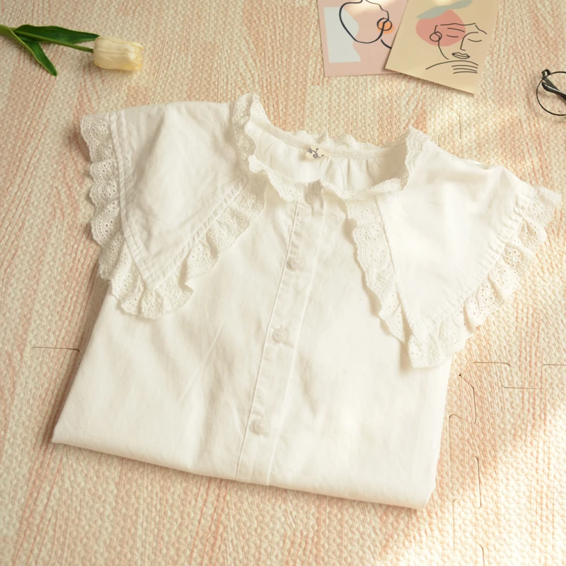 Kawaii lace patchwork sweet long sleeve peter pan collar white shirt blouse cotton basic | Женская одежда