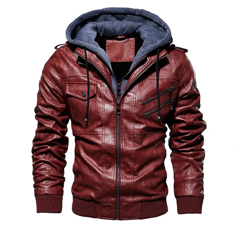

Mens Fashion PU Leather Hooded Jackets 2019 New Men Solid Color Long Sleeve Faux Leather Slim Fit Coats Casual Motorcycle Jacket