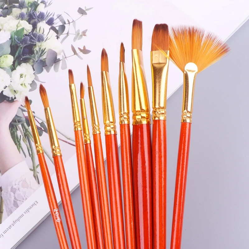 

10Pcs Nylon Hair Watercolor Gouache Round Pointed Tip Artists Paint Brush Set U4LD