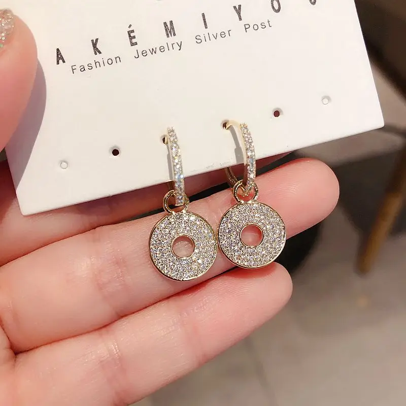 

High-end Simple Design Round Pendant Drop Earrings Gold Color Micro Paved Cubic Zircon Earrings for Women