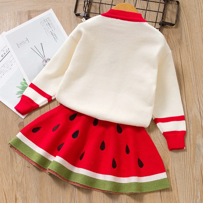 Нарядное платье для девочек зимние детские платья для девочек трикотажная детская одежда с длинными рукавами милое платье с рисунком фруктов, детское платье с рисунком арбуза, 2 предмета