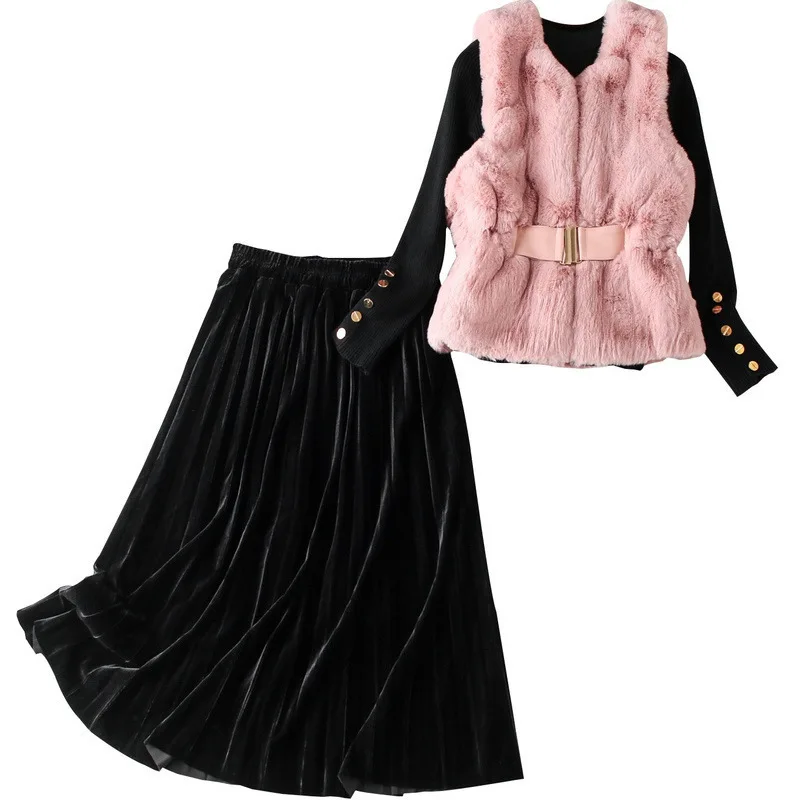 

2019 Autumn & Winter New Arrival Fashion Sweaters Imitation Water Two-piece Suit Velvet Vest & Dress Free Shipping Worldwide