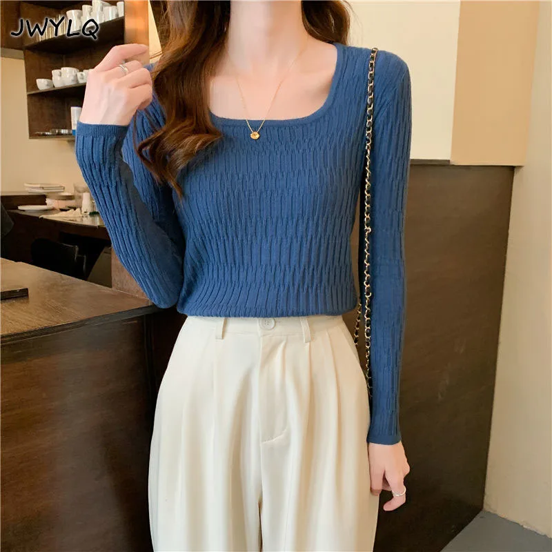 

Casual Square Collar Sweaters Autumn Winter Slim Sweater Women Solid Knit Ssweaters Pullovers Long Sleeve Soft Femme Jumper Tops