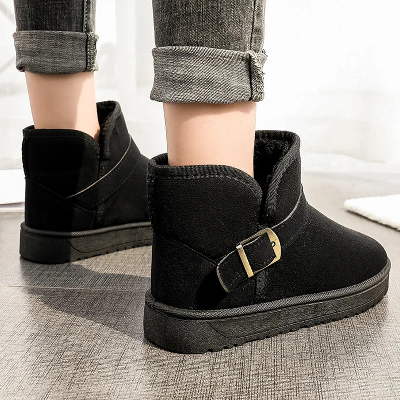 

New Men Boots High Quality Women Waterproof PU Leather Ankle Snow Boots Shoes Warm Fur Plush Slip on Winter Shoes Black