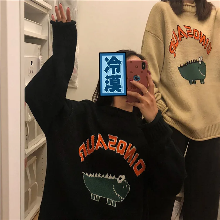 Sweater Women 2019 Autumn Winter New Fashion Loose Solid Color Cute Cartoon Patter Long Sleeve O Neck | Женская одежда