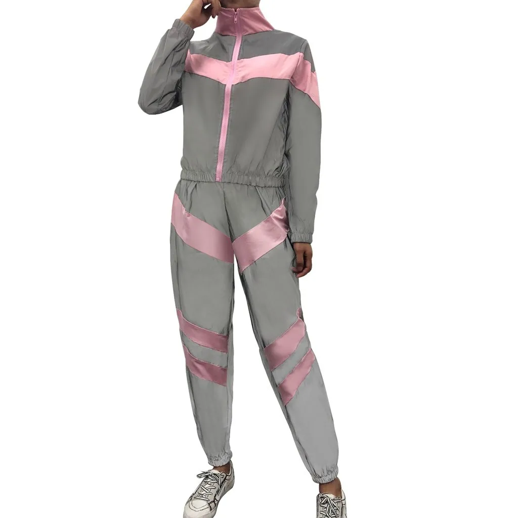 Модный спортивный костюм для женщин, повседневный комплект из 2 предметов для бега, сшитый светоотражающий спортивный комплект, короткий топ с длинным рукавом+ штаны, спортивный костюм# g4 - Цвет: Розовый
