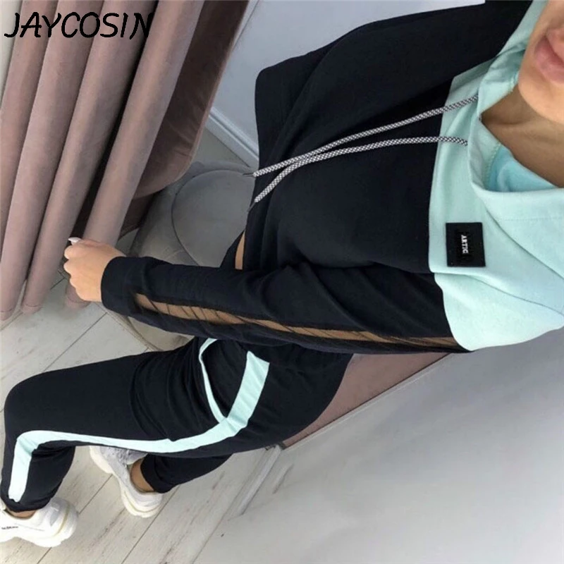 JAYCOSIN женский спортивный костюм, толстовка, спортивный костюм, пэчворк, длинный рукав, с капюшоном, топы, брюки, набор, Повседневный, Женский комплект 2 шт., костюмы a27