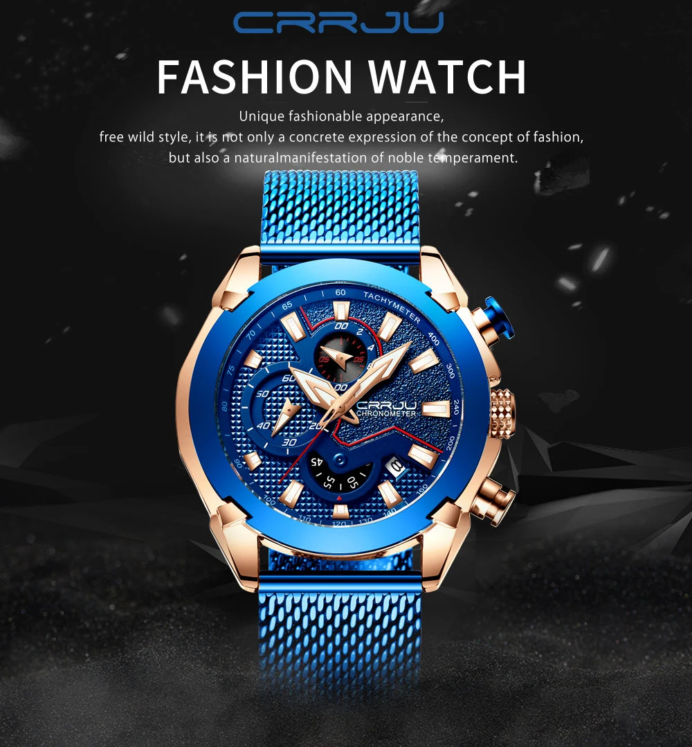 CRRJU спортивные часы с хронографом, минималистичные повседневные Стальные наручные часы, мужские Модные спортивные водонепроницаемые часы с синим ремешком, часы для мужчин