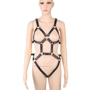 

Womens PU Leather Strappy Fetish Body Harness Halter Neck Teddies Lingerie Cupless G-String Bodysuit Erotic Costume Lingerie Set